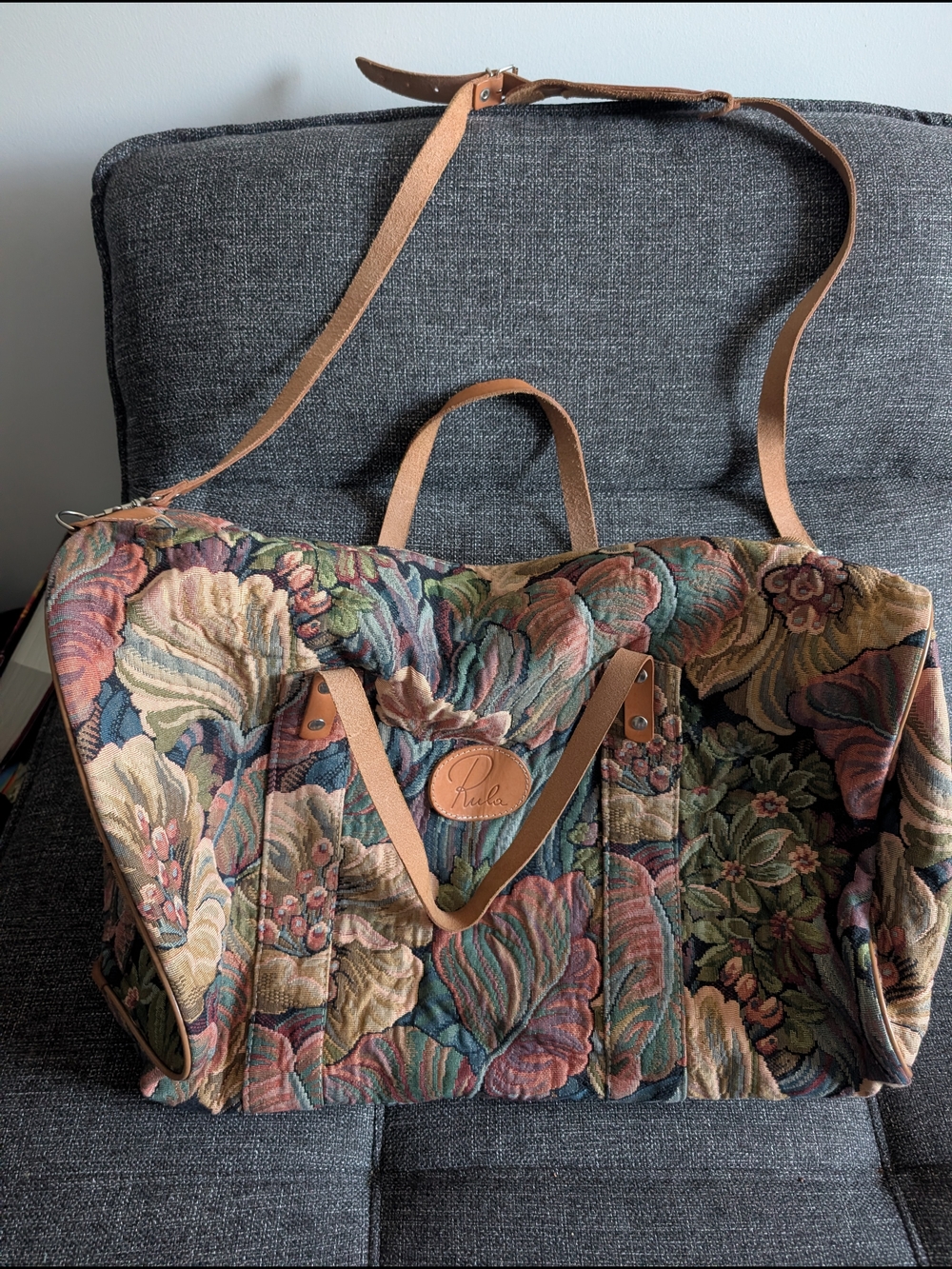Vintage Rula Belgium Floral Tapestry Weekender Bag Over-Sized Travel Duffel Carp